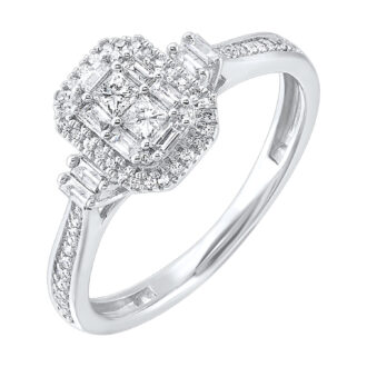 Cushion Halo Engagement Ring with .25ctw Round and Baguette Diamonds in 10k White Gold