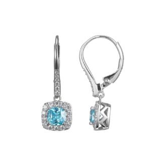 Sterling Silver Cushion-Cut Blue CZ Halo Dangle Earrings