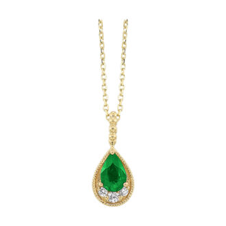 Pear Emerald Pendant Necklace with .05ctw Round Diamonds in 14k Yellow Gold