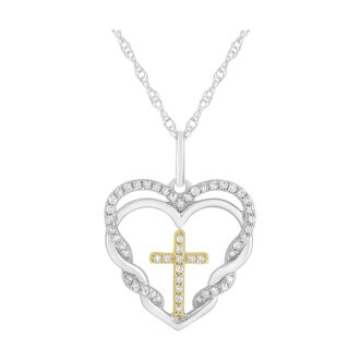 Heart & Cross Diamond Necklace .14ctw 10k Gold & Silver