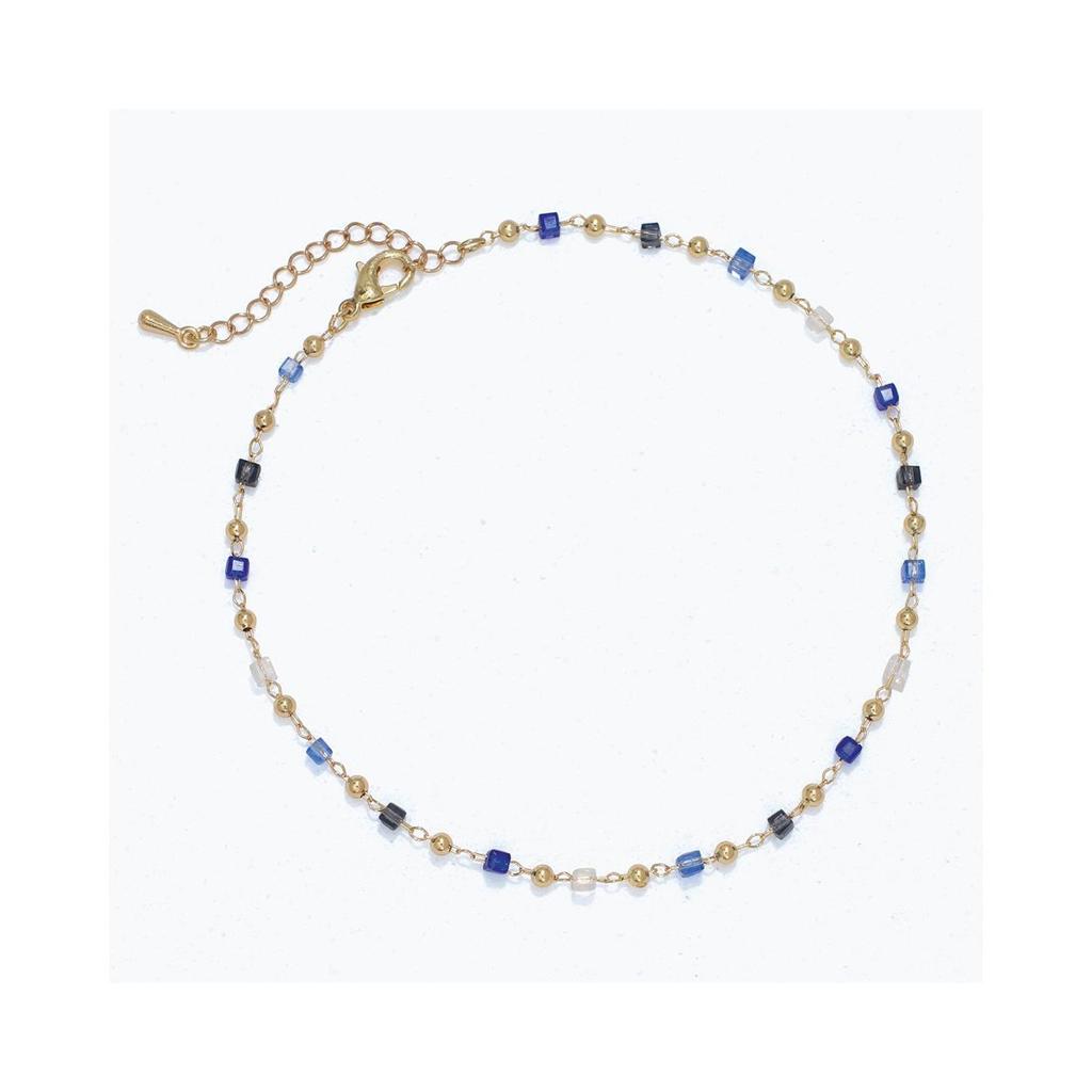 Blue & White Beaded Anklet with Silver Accents