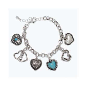 Silver Heart & Turquoise Open Link Charm Bracelet