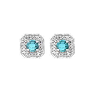 Aqua Halo Stud Earrings with .10ctw Round Diamonds in 10k White Gold