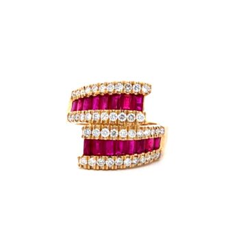Wide Bypass Fashion Ring with .68ctw Round Diamonds and Rubies in 14k Yellow Gold