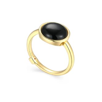 Lustre Black Agate Fashion Ring in Yellow Gold Plating, Size 7