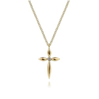 14k Yellow Gold Pointed End Cross Pendant Necklace with .01ctw Diamonds, 17.5"