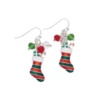 Festive Red and Green Enamel Christmas Stocking Dangle Earrings