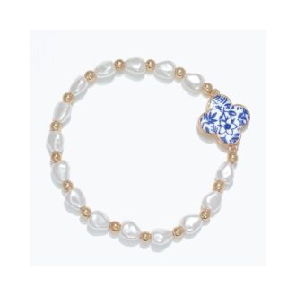 Blue Floral Clover Pearl Bracelet