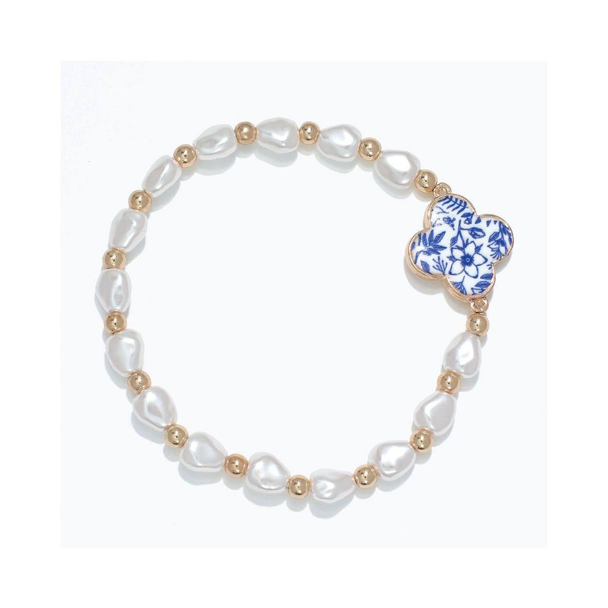Blue Floral Clover Pearl Bracelet