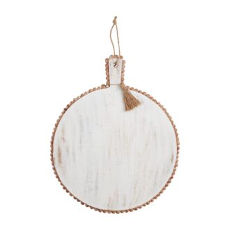 Elevate your kitchen aesthetics with this stunning 22x18" white wash mango wood round bead edge board. Perfect for serving, display, or food preparation, it combines functionality with rustic charm.