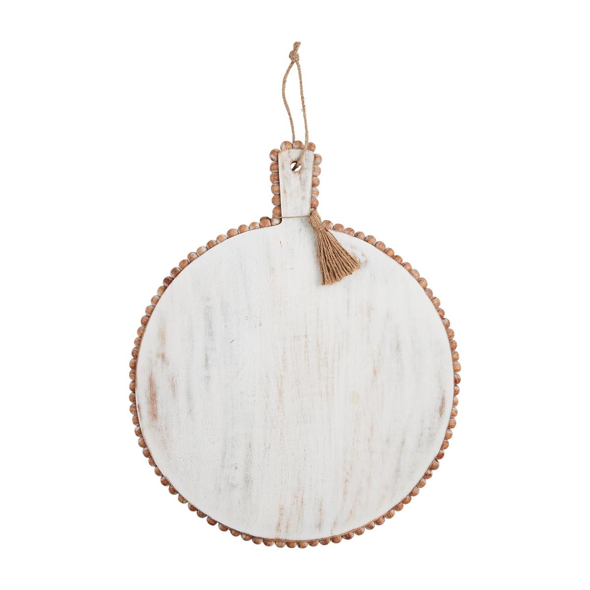 Elevate your kitchen aesthetics with this stunning 22x18" white wash mango wood round bead edge board. Perfect for serving, display, or food preparation, it combines functionality with rustic charm.