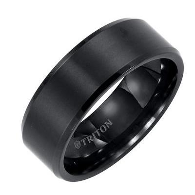 Stylish 8mm Bevel Edge Comfort Fit Band in Black Titanium with Satin Finish