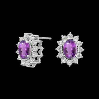 Oval Amethyst Halo Stud Earrings with 1/10ctw Diamonds in Sterling Silver
