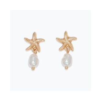 Yellow Starfish Earrings with Dangle Freshwater Pearls