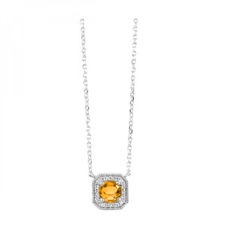 Citrine Halo Drop Necklace with .06ctw Round Diamonds in 10k White Gold