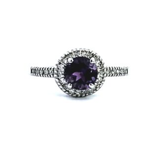 10K White Gold Halo Fashion Ring with Amethyst and Round Diamonds