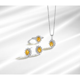 Oval Citrine Halo Stud Earrings with 1/10ctw Diamonds in Sterling Silver