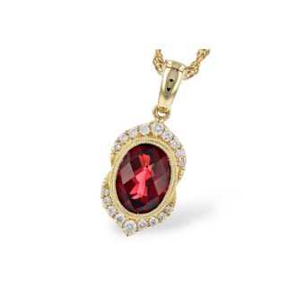 Vintage Drop Pendant Necklace with Oval Garnet and .14ctw Round Diamonds in 14k Yellow Gold