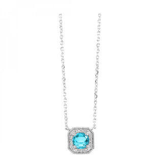 Aqua Halo Drop Necklace with .06ctw Round Diamonds in 10k White Gold