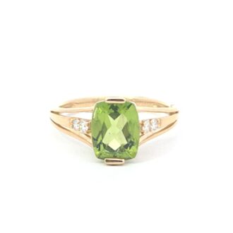 14k Yellow Gold Cushion Peridot Ring w/ .10ctw Diamonds