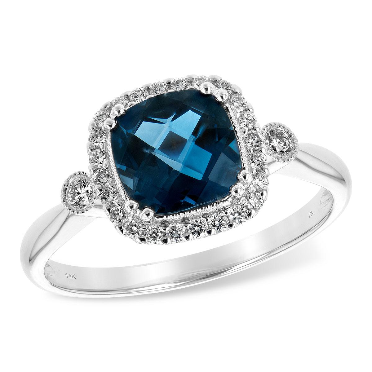 Halo Fashion Ring with London Blue Topaz and .16ctw Round Diamonds in 14k White Gold