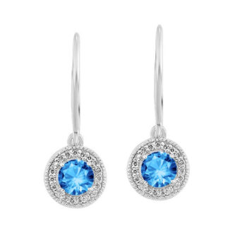Sterling Silver Halo Dangle Earrings with Blue Topaz & .10ctw Diamonds
