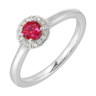 Ruby Halo Ring with 1/12ctw Round Diamonds in 10k White Gold