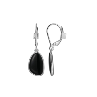 Elle "Pebble" Black Agate Drop Earrings in Rhodium Plating