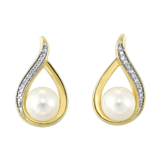 Teardrop Earrings with .02ctw Diamonds and 2 Pearls in 14k Yellow Gold