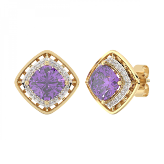 10KY Halo Stud Earrings with .10ctw Round Diamonds and Cushion Amethyst