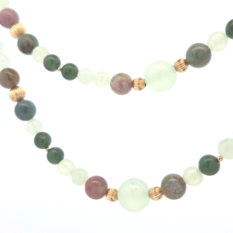 14K Yellow Gold 30" Station Necklace with Jade and Agate Beads