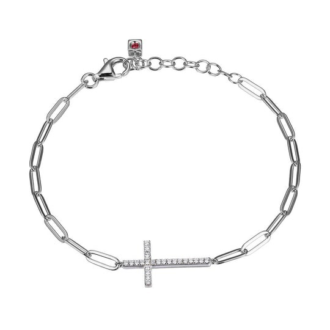 Sterling Silver Oval Link Bracelet with East-West CZ Cross