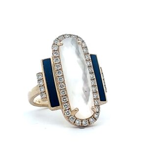 Highly standout jewelry piece manifests itself as an immaculate display of 0.56 Carat diamond weight, set in 18 Karat Yellow Gold. The ring soars in splendor with a Mother of Pearl Centre and black Onyx sides. It encapsulates a chic fashion statement perfect for formal, evening events.
