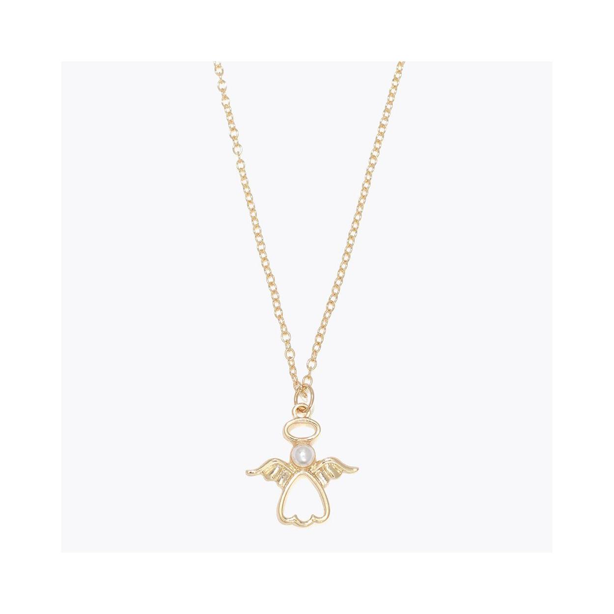 Open Angel Pendant Necklace with Pearl Accent