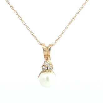 14K Yellow Gold Pearl Drop Pendant Necklace with .03ctw Diamonds