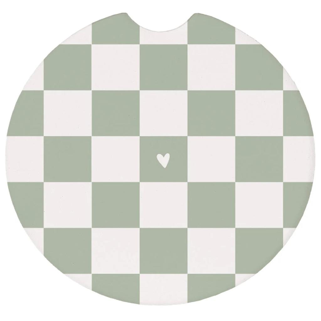 Green Checkered Heart Ceramic Car Coaster