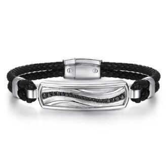 Stylish Black Braided Leather Bangle Bracelet with Black Spinel