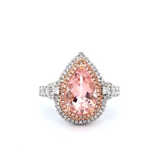 Double Halo Fashion Ring with .57ctw Pear Morganite and 88 Diamonds in 14k Two-Tone Gold