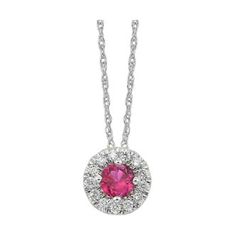 Halo Drop Necklace with .10ctw Round Diamonds and Pink Sapphire in 10k White Gold