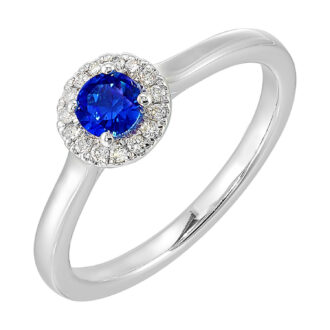 Halo Ring with 1/12ctw Round Diamonds and Blue Sapphire in 10k White Gold