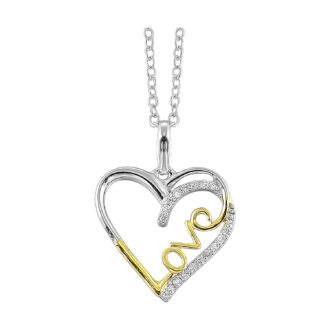 "Love" Heart Drop Pendant Necklace with .05ctw in 10k Gold/SS