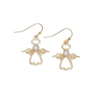 Angel Dangle Earrings with Pearl Accents in Yellow Gold