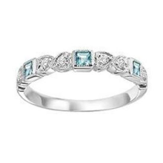 Heart Pattern Stackable Ring with Aquamarine and .08ctw Diamonds in 10k White Gold