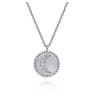 Brushed Moon Necklace with .07ctw Round Diamonds in Sterling Silver