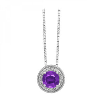 Amethyst Halo Drop Necklace with .05ctw Round Diamonds in Sterling Silver