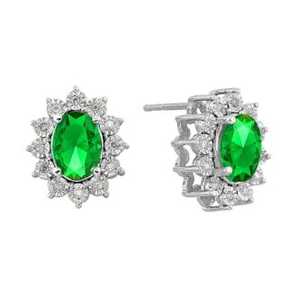 Sterling Silver Oval Created Emerald & Diamond Halo Studs
