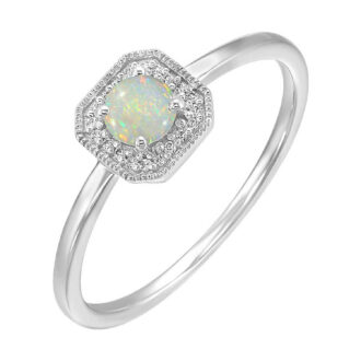Halo Fashion Ring with .08ctw Round Diamonds and Opal in 10k White Gold