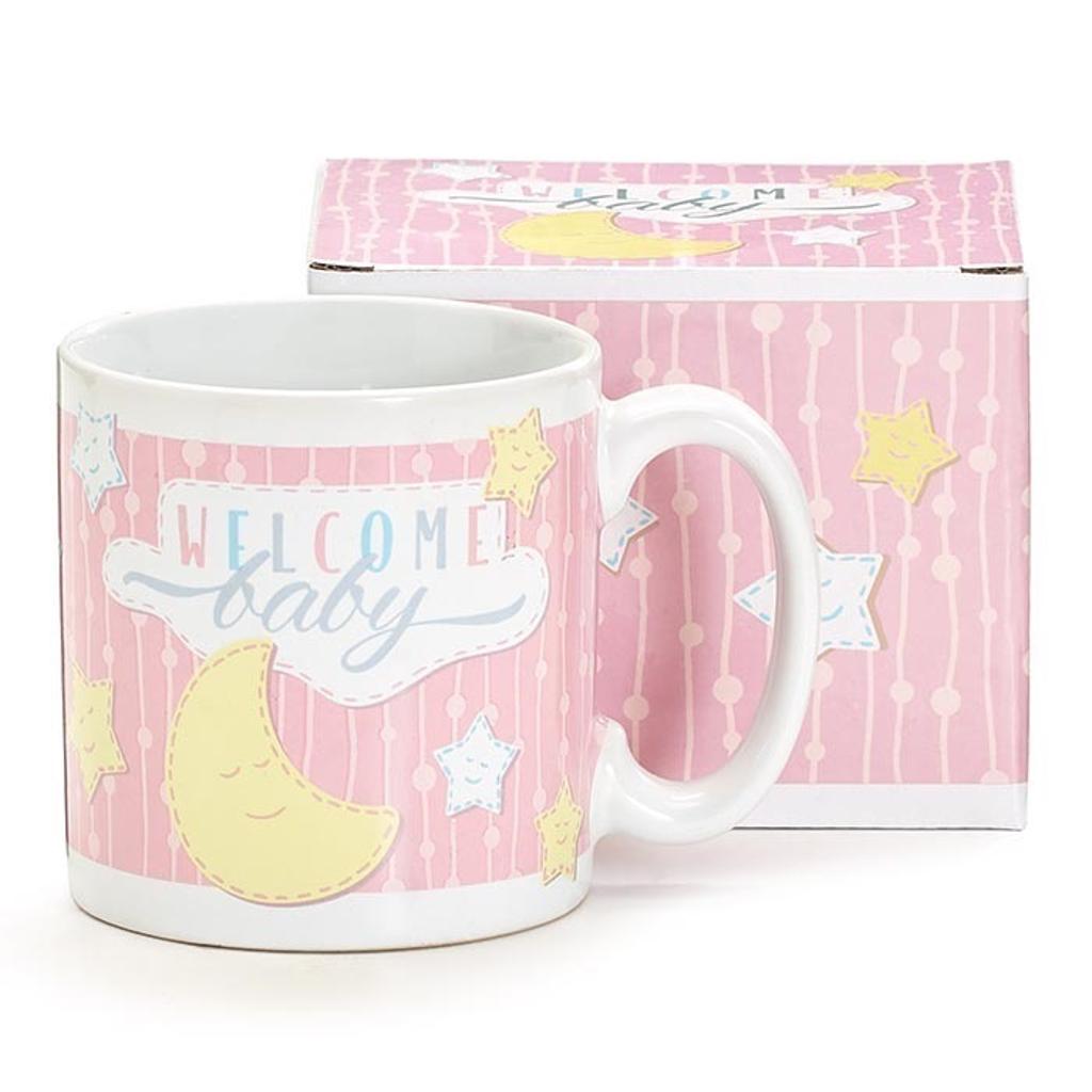13oz Pink Ceramic Welcome Baby Mug with Moon & Stars