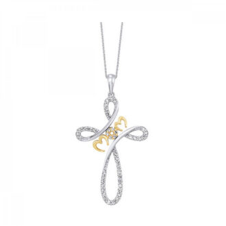 Mom Cross Necklace with .33ctw Round Diamonds in 10k Yellow Gold and Silver