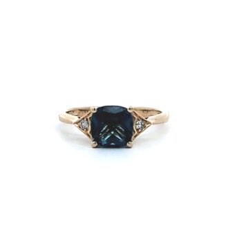 14K Yellow Gold Fashion Ring with Cushion Cut London Blue Topaz and .05ctw Diamonds
